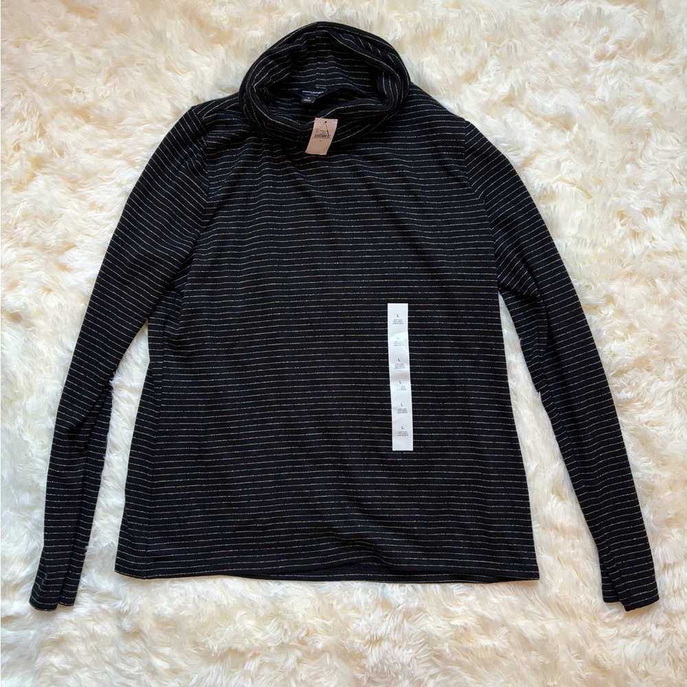 Banana Republic Soft Luxe Metallic Stripe Turtleneck Top Black Gold Size L NWT